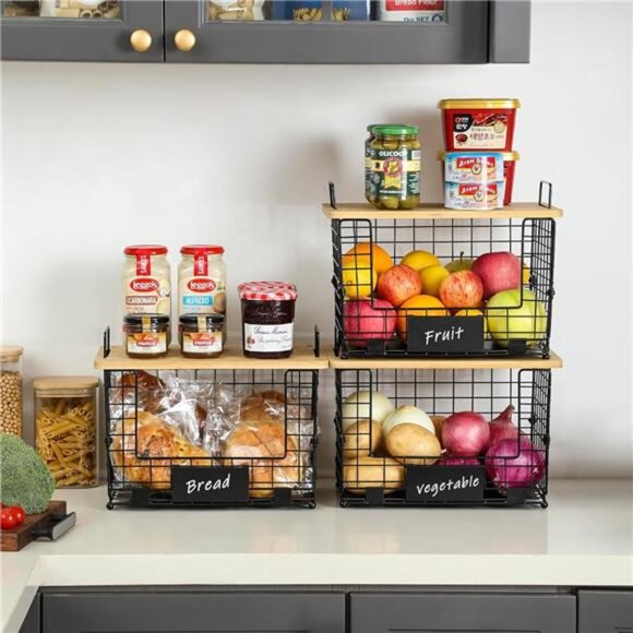2 Set XXL Stackable Wire Basket with Bamboo Tops & Tag- Pantry Organizer - Picture 4 of 7